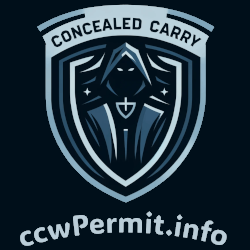 Logo depicts concept and philosophy of concealed carry. It uses the abstract elements of a shield and a cloaked person in a hooded robe to symbolize security and protection. The design uses dark blues and grays to convey authority and trustworthiness.
